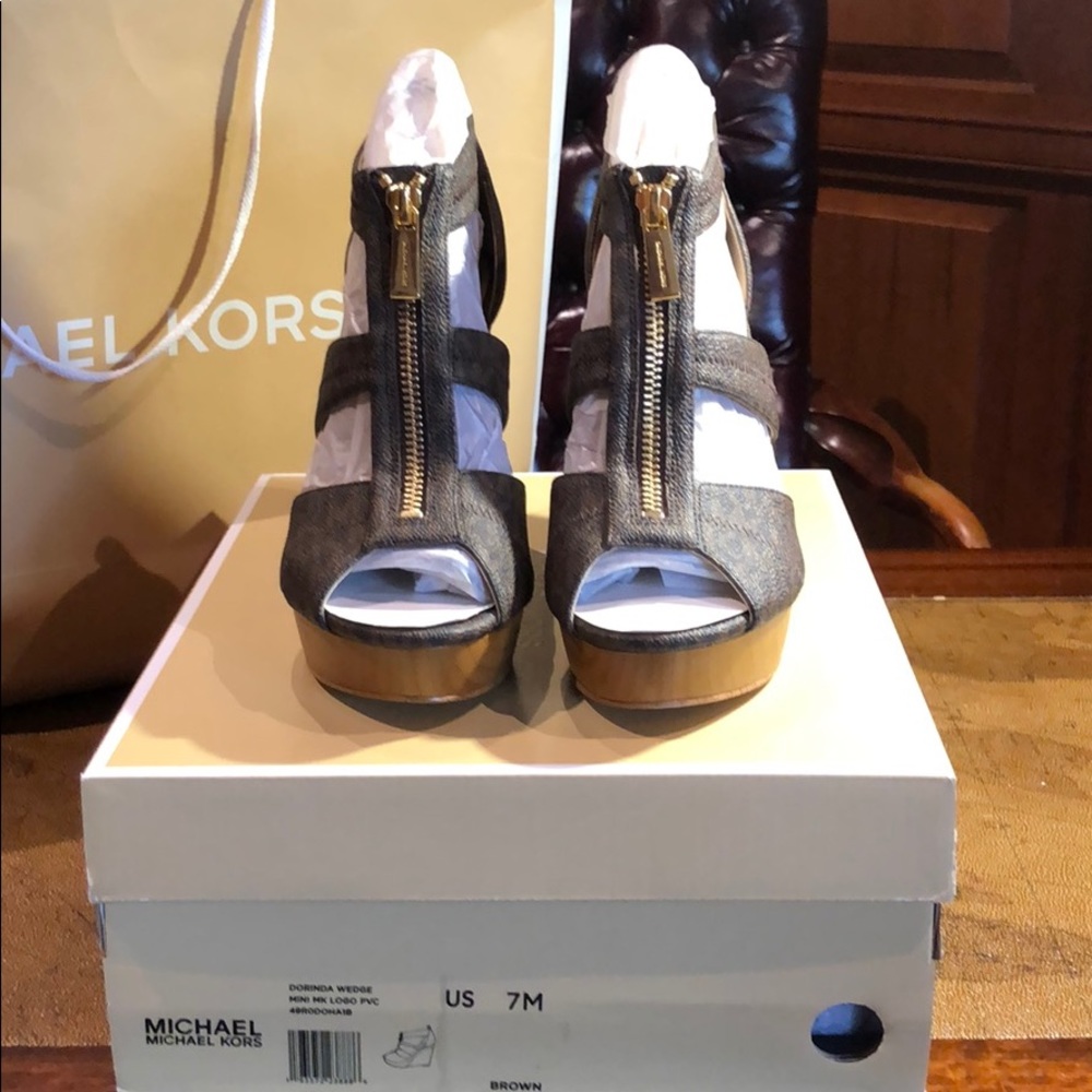 Michael Kors Brown MK Pattern Zip Up Wedges